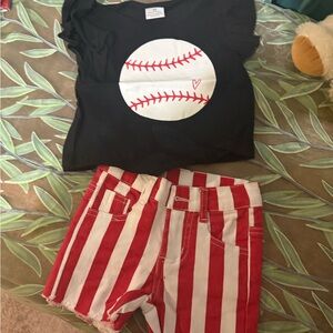 NWOT Black Baseball Tee and Red Striped Shorts Set